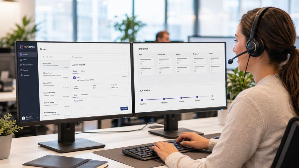 Operatrice del supporto clienti con cuffie gestisce da doppio monitor un elenco di richieste con stato e tempi di gestione