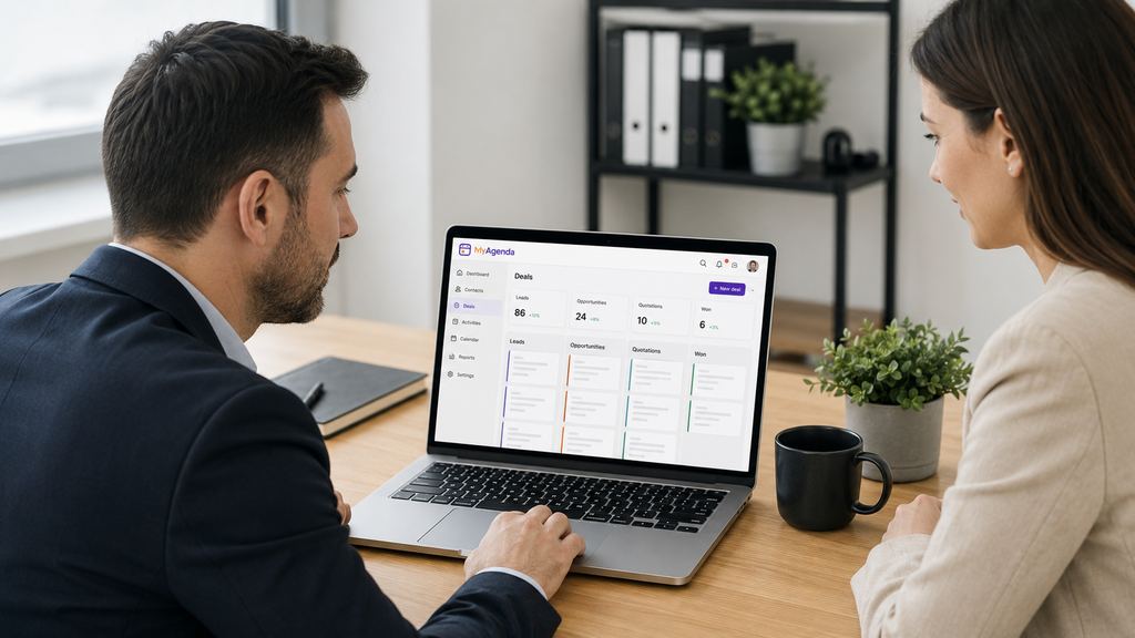 Due colleghi in ufficio consultano su un portatile una vista con trattative, contatti e attività commerciali