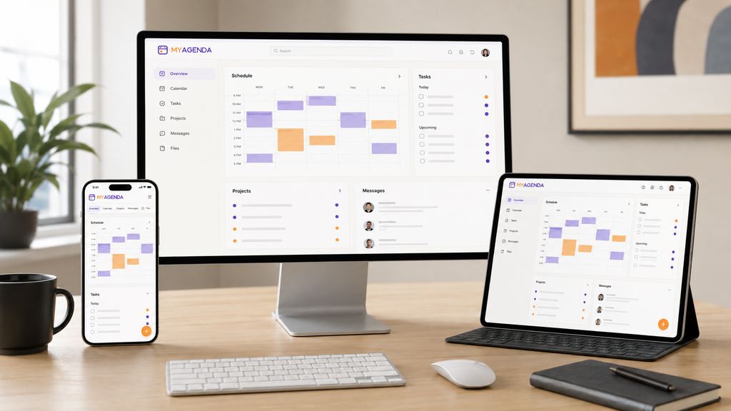 Scrivania con desktop, tablet e smartphone che mostrano la stessa agenda e le stesse attività sincronizzate