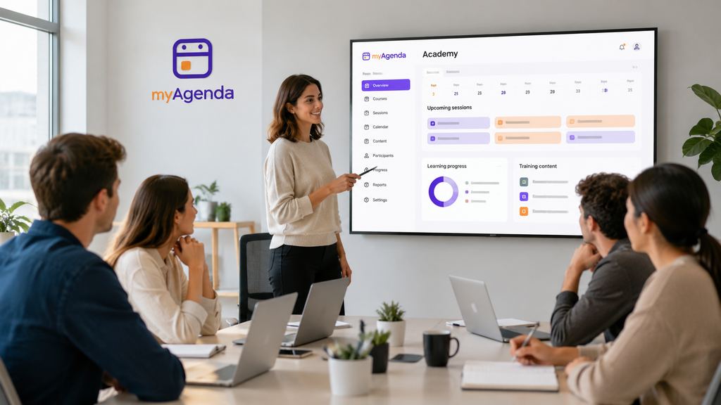 Formatrice presenta in aula a un gruppo di partecipanti una dashboard Academy con sessioni in programma e avanzamento dei corsi su uno schermo condiviso