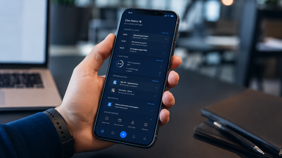 App mobile myAgenda con agenda del giorno, task e approvazioni SAL