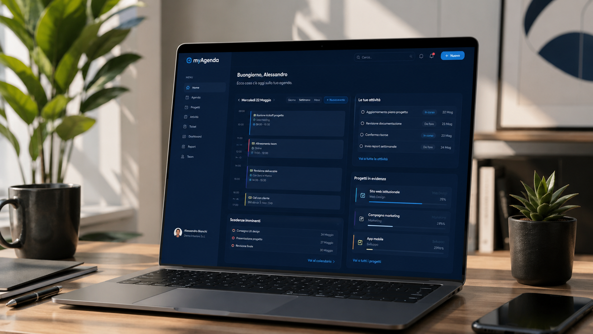 Dashboard operativa myAgenda: attività del giorno, scadenze imminenti e progetti in evidenza
