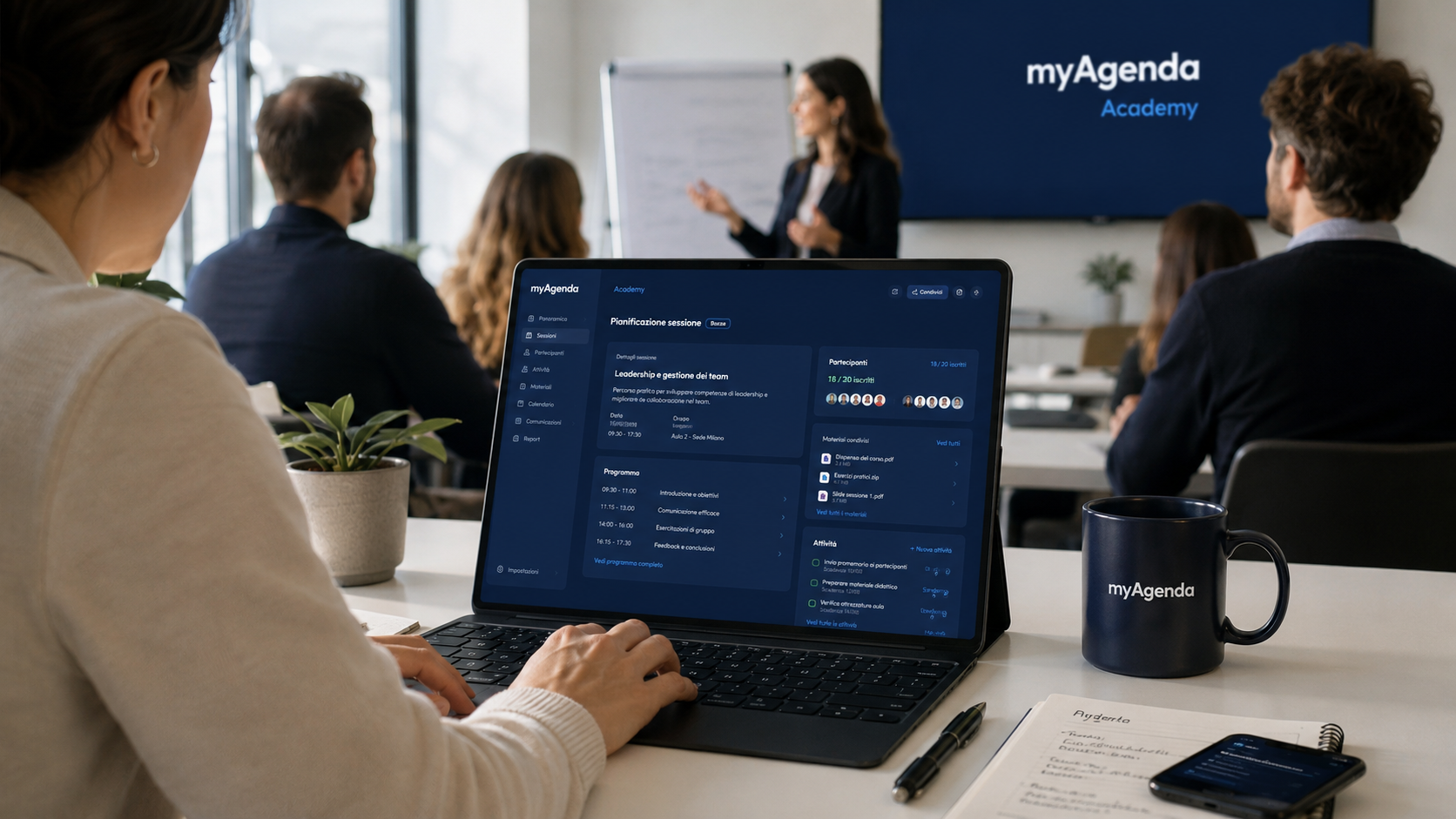 Aula di formazione myAgenda Academy con pianificazione sessione, partecipanti e materiali condivisi