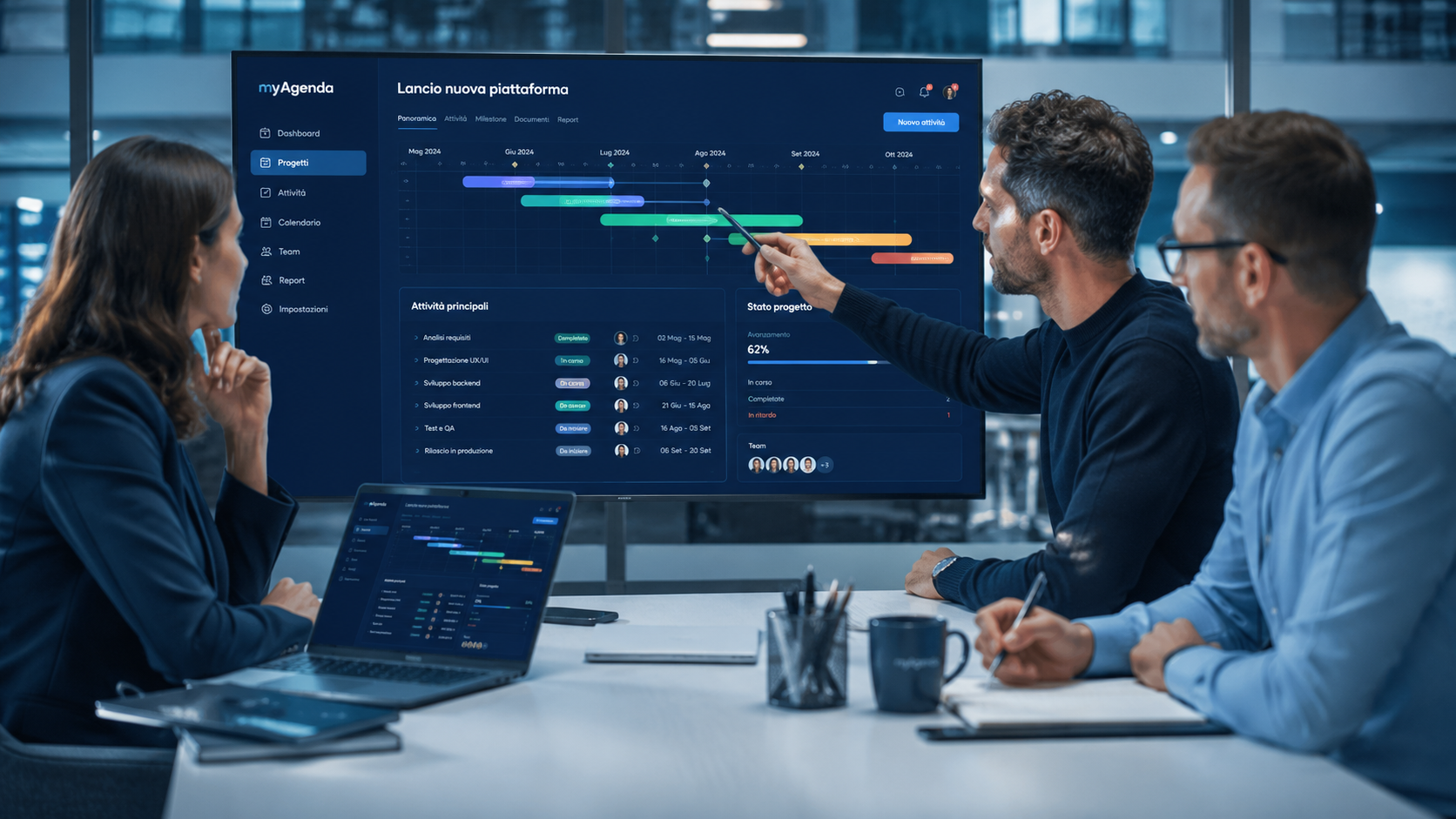 Team riunito davanti a un Gantt di progetto myAgenda con stato avanzamento e attività principali